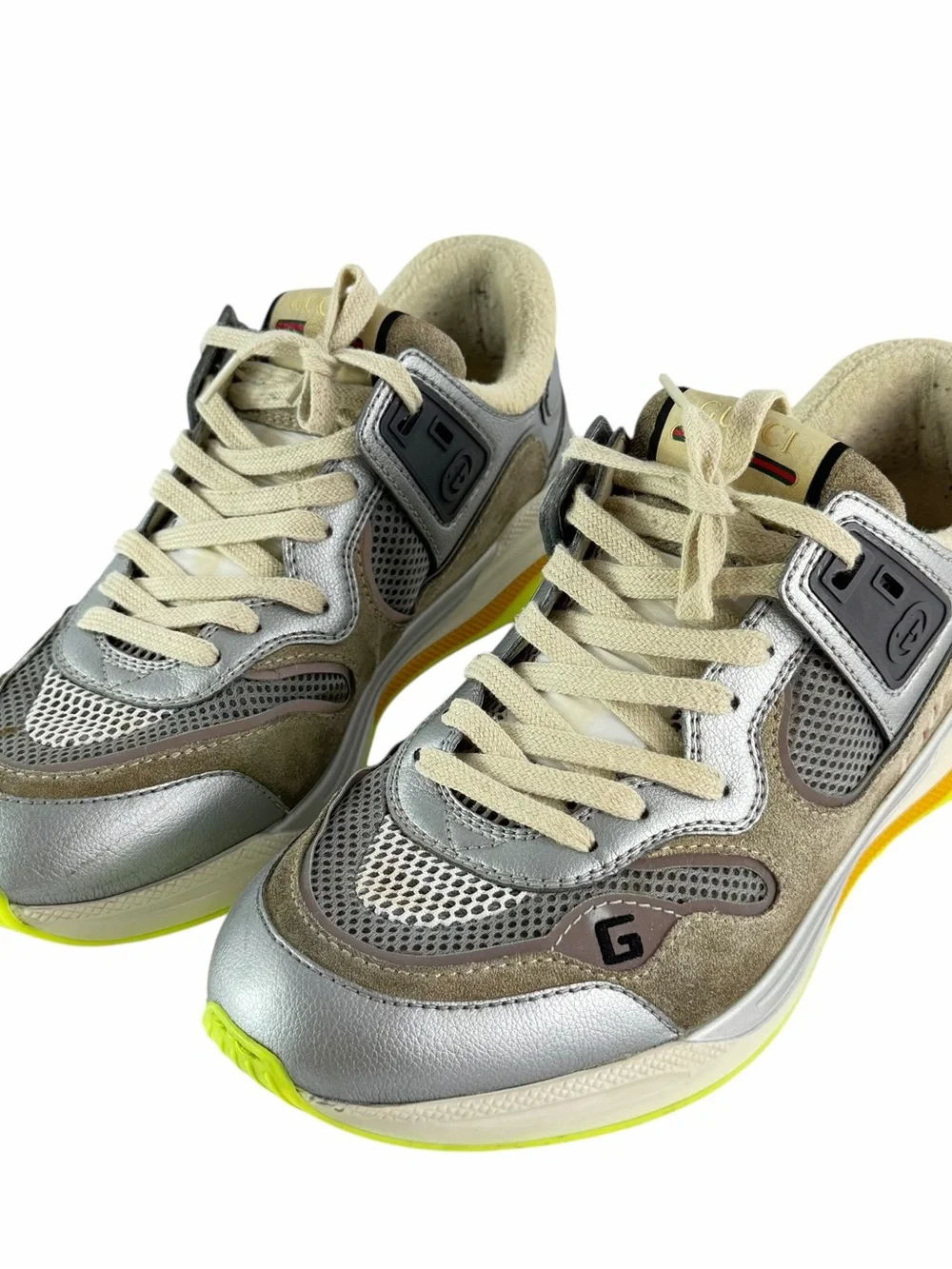 GUCCI 587242 Ultrapace Men's Sneakers in Silver Metallic Multi 8.5 - 9 US